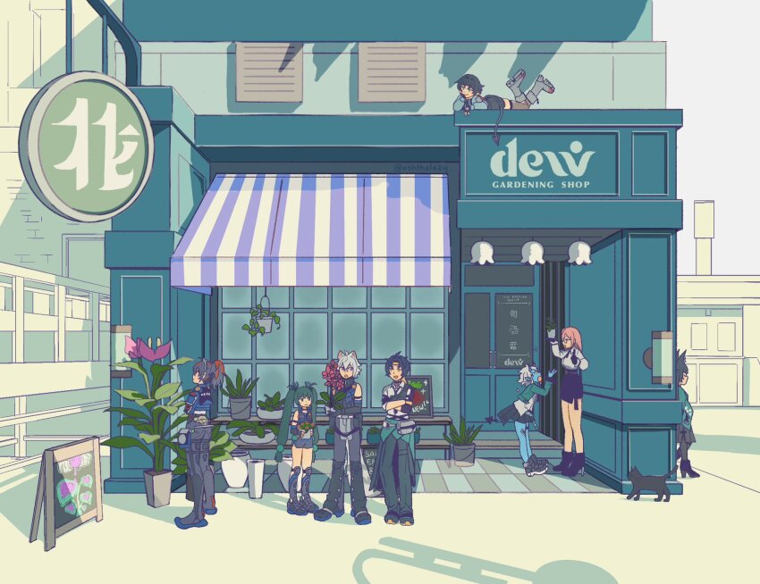 2boys 6+girls animal_ears asaba_harumasa ashthelazy black_cat black_gloves black_hair blue_skirt boots cat cat_boy cat_ears cat_tail commentary crossed_arms day english_commentary flower fox_ears fox_girl glasses gloves green_hair headband highres horns hoshimi_miyabi jane_doe_(zenless_zone_zero) long_hair long_sleeves lying mouse_ears mouse_girl mouse_tail multicolored_hair multiple_boys multiple_girls on_stomach open_mouth outdoors pants pink_hair plant pleated_skirt potted_plant qingyi_(zenless_zone_zero) red_hair seth_lowell shirt shoes shop sign skirt soukaku_(zenless_zone_zero) standing tail tsukishiro_yanagi twintails twitter_username zenless_zone_zero zhu_yuan