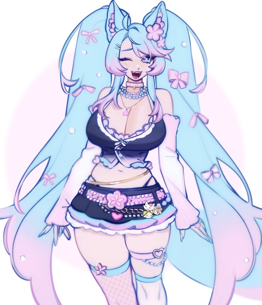 1girl animal_ear_fluff animal_ears blue_eyes blue_hair blush breasts cleavage gradient_hair hair_ornament highres large_breasts long_hair looking_at_viewer maplekeurig multicolored_hair open_mouth pink_hair silvervale solo thighhighs twintails virtual_youtuber wolf_ears wolf_girl