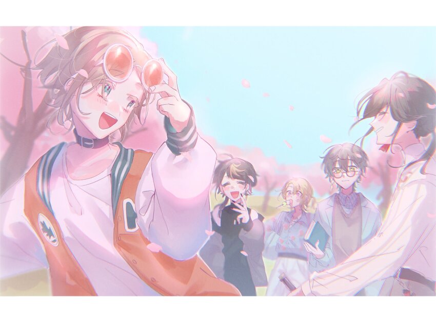 5boys adjusting_eyewear belt belt_collar black_hair blonde_hair blue_hair blue_jacket blue_shirt blurry book brown_hair cherry_blossoms chest_tattoo closed_eyes collar collared_shirt dango day depth_of_field earrings eyewear_on_head food glasses gradient_hair hanami highres holding holding_book ike_eveland jacket jewelry letterboxed letterman_jacket long_sleeves looking_back luca_kaneshiro luxiem male_focus meguru_(chitose_meguru) multicolored_hair multiple_boys mysta_rias nijisanji nijisanji_en oni_giri_(vox_akuma) open_clothes open_jacket open_mouth orange-tinted_eyewear outdoors pants parted_bangs purple_eyes red_hair sanshoku_dango shirt shu_yamino single_earring sleeveless sleeveless_turtleneck smile streaked_hair sweater sweater_vest tassel tassel_earrings tattoo tinted_eyewear turtleneck turtleneck_sweater virtual_youtuber vox_akuma wagashi white-framed_eyewear white_pants white_shirt