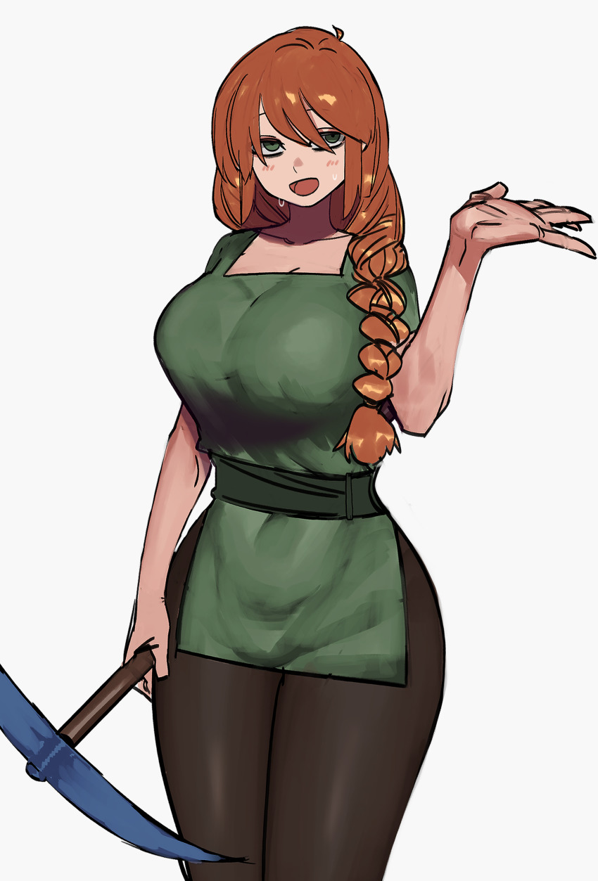 1girl :d absurdres alex_(minecraft) blush braid breasts curvy dress green_eyes highres holding holding_pickaxe large_breasts long_hair looking_at_viewer mano_(manobece) minecraft open_mouth orange_hair pickaxe smile solo standing sweat