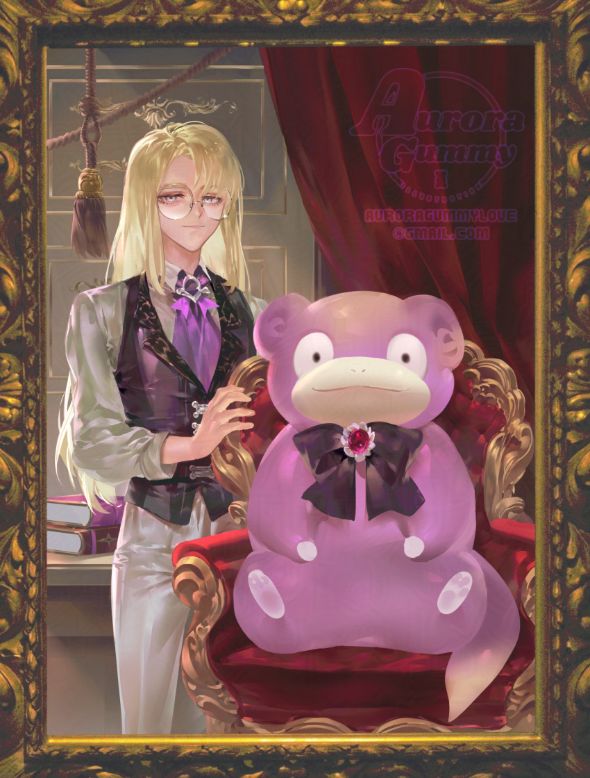 1boy alternate_costume auroragummy avery_(pokemon) blonde_hair book chair closed_mouth collared_shirt commentary_request curtains email_address gen_1_pokemon glasses half-closed_eyes highres indoors korean_commentary long_hair looking_at_viewer male_focus nintendo pants pokemon pokemon_(creature) pokemon_swsh round_eyewear shirt slowpoke standing vest watermark