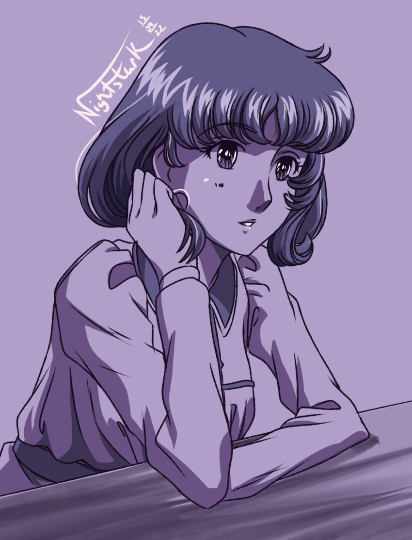 1girl artist_name dated elbows_on_table hand_in_own_hair highres long_sleeves medium_hair misonoo_nanako monochrome nightstark oniisama_e... purple_theme solo table