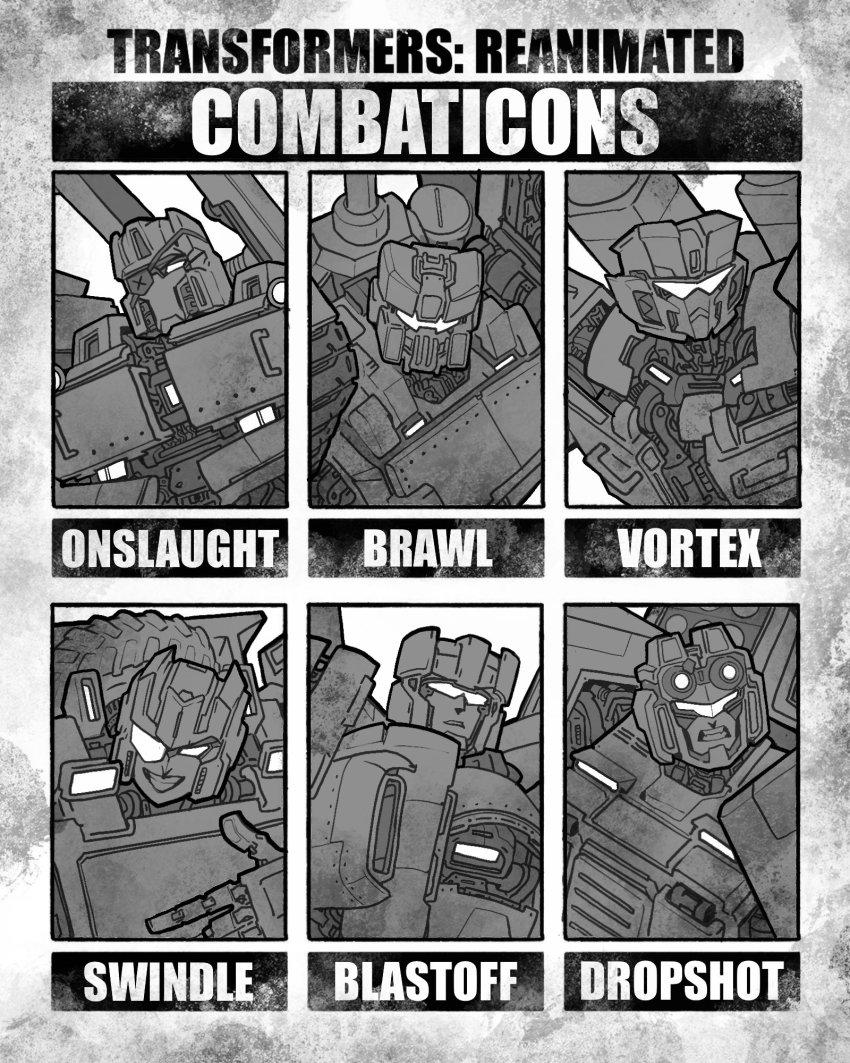 6+boys blast_off_(transformers) brawl_(transformers) character_name decepticon dropshot eyepatch greyscale highres kamitoge_supino mecha monochrome multiple_boys multiple_drawing_challenge no_humans one_eye_covered onslaught_(transformers) pointing redesign robot six_fanarts_challenge swindle_(transformers) transformers visor vortex_(transformers) white_eyes