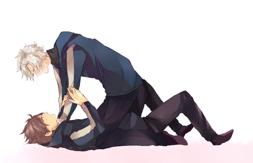 2boys asphyxiation black_hair dual_persona eye_contact fate/stay_night fate/zero fate_(series) full_body goro_nyanko gorogoronyanko highres hood hoodie looking_at_another male_focus matou_kariya multiple_boys pants shoes simple_background sitting sitting_on_person strangling tears white_background white_hair
