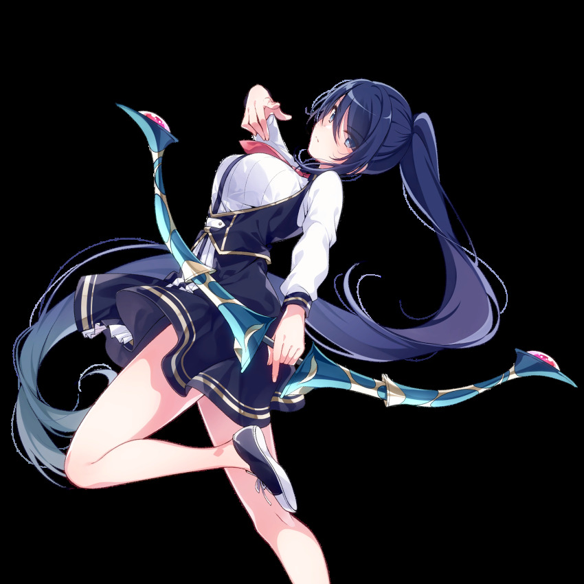 1girl aiba_mio bare_legs blue_eyes blue_hair bow_(weapon) breasts closed_mouth female_focus floating_hair hand_up high_ponytail highres holding holding_bow_(weapon) holding_weapon index_finger_raised large_breasts leaning_back legs long_hair looking_at_viewer necktie omega_labyrinth omega_labyrinth_life original ponytail school_uniform shoes skirt solo standing standing_on_one_leg thighs transparent_background u35 very_long_hair weapon
