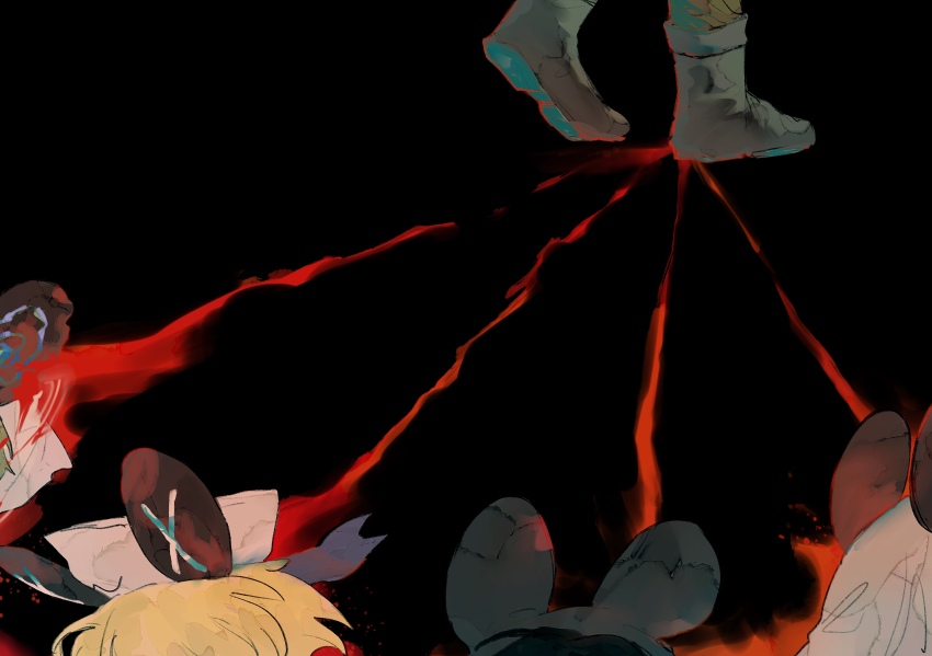 black_background blonde_hair blood_on_shoes blood_trail boots commentary_request corpse death hat highres kinder_surprised_michael_jr. mouse_hat present_day_problem_takeuchi_robert randal&#039;s_friends ratman_3_(randal&#039;s_friends) ratman_4_(randal&#039;s_friends) ratman_5_(randal&#039;s_friends) sailor_hat shieriru simple_background walking