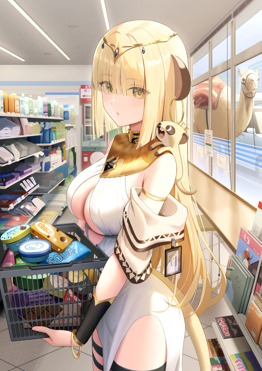 1girl absurdres animal_ears armpit_crease bare_shoulders basket blonde_hair breasts center_opening commentary_request dress earrings eyes_visible_through_hair from_side grocery_store hair_over_eyes highres holding holding_basket hoop_earrings id_card indoors jewelry large_breasts long_hair looking_at_viewer original parted_lips ri_qing shopping_basket solo tail thighs very_long_hair white_dress yellow_eyes
