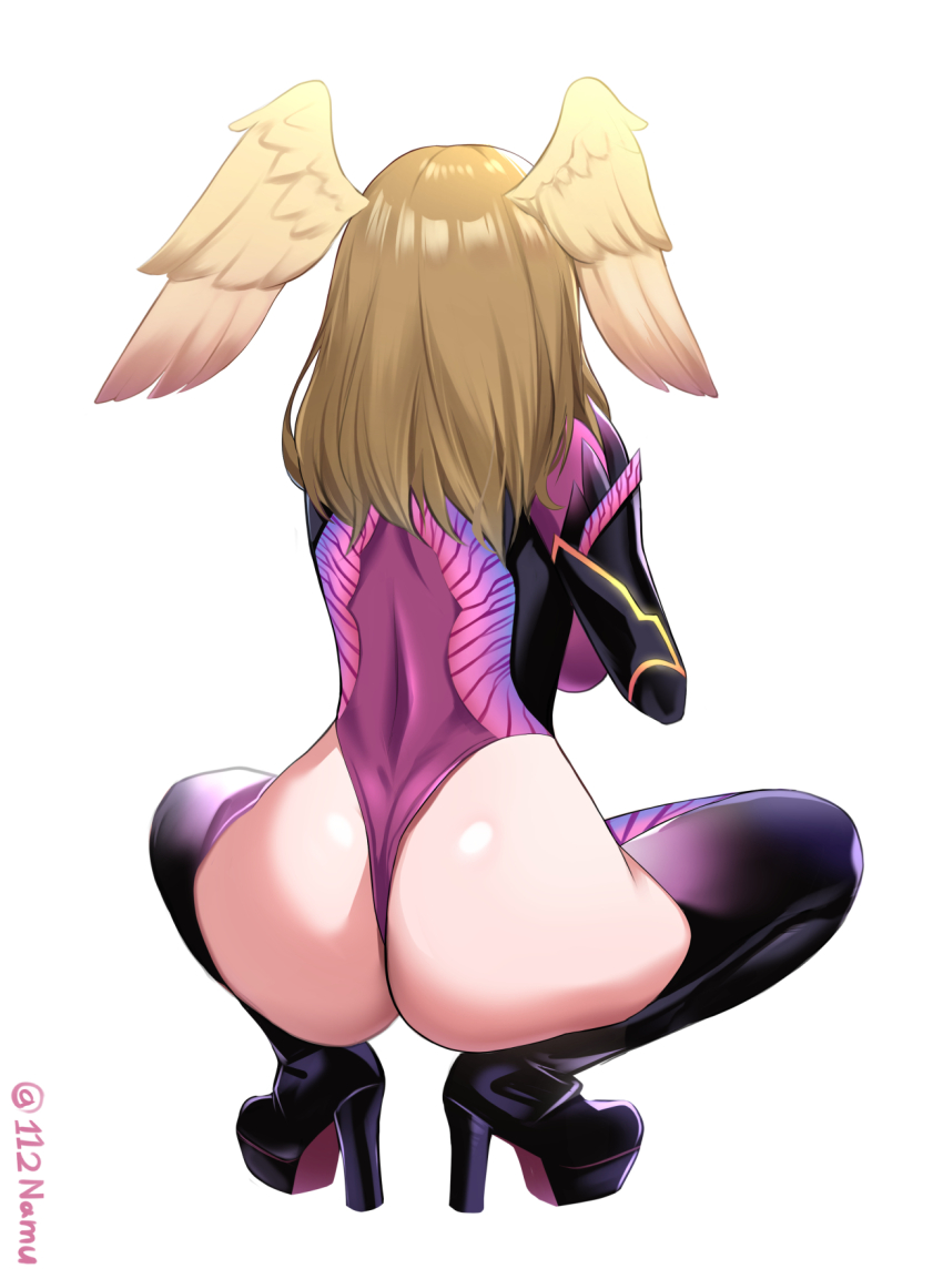 1girl artist_name ass boots breasts brown_hair commentary_request eunie_(xenoblade) from_behind head_wings high_heel_boots high_heels highleg highleg_leotard highres large_breasts leotard long_hair median_furrow namu_(112namu) purple_leotard simple_background solo squatting thigh_boots thighhighs twitter_username white_background wings xenoblade_chronicles_(series) xenoblade_chronicles_3 yellow_wings