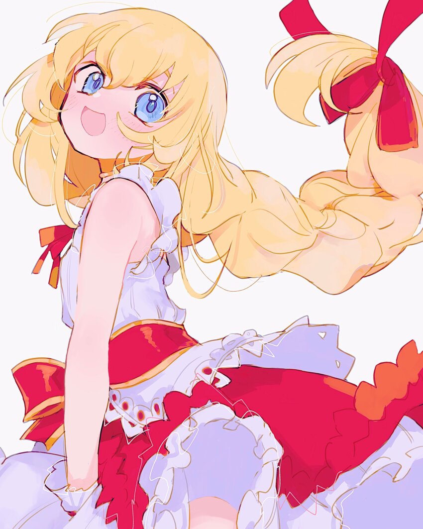 1girl absurdres blonde_hair blue_eyes braid colette_brunel colette_brunel_(fair_lady) commentary_request from_side hair_ribbon highres long_hair nancykittyu open_mouth red_ribbon ribbon shirt simple_background skirt sleeveless sleeveless_shirt smile solo tales_of_(series) tales_of_symphonia upper_body very_long_hair white_background white_shirt white_skirt wrist_cuffs