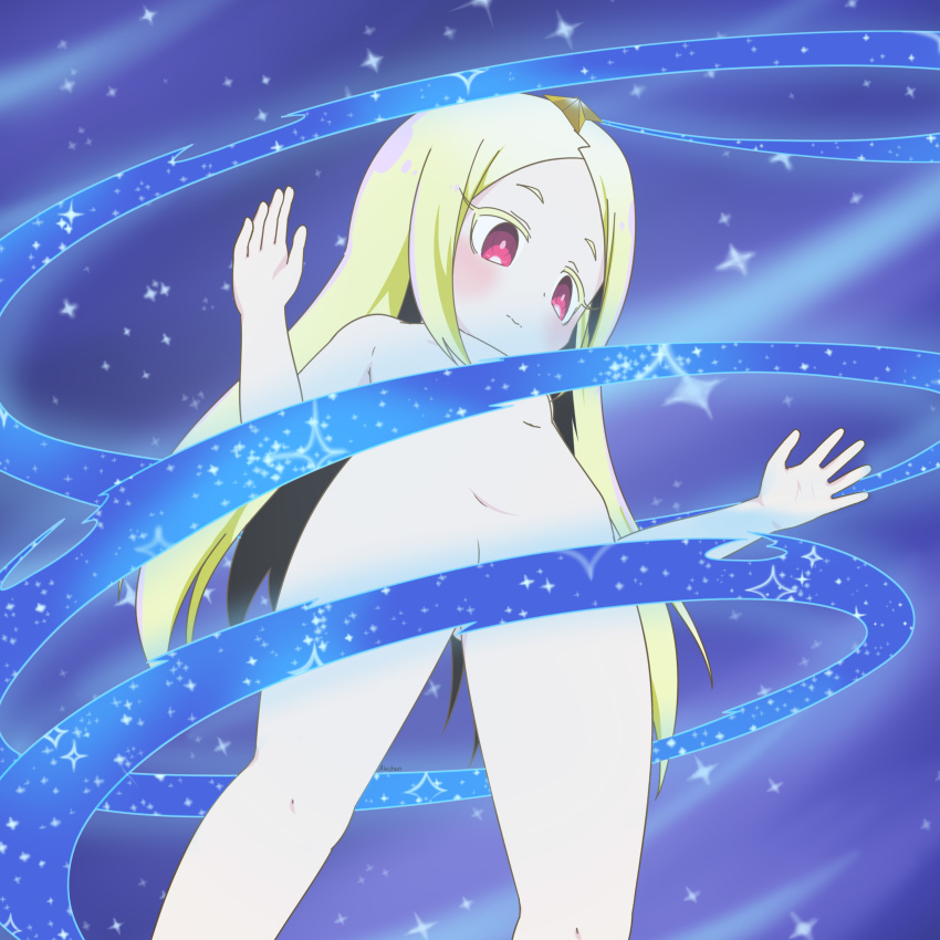 1girl absurdres alechon blonde_hair blush completely_nude convenient_censoring female_focus flat_chest gluteal_fold henshin highres loli long_hair magic magical_girl mahou_shoujo_ni_akogarete morino_korisu nero_alice nude red_eyes solo sparkle standing thighs