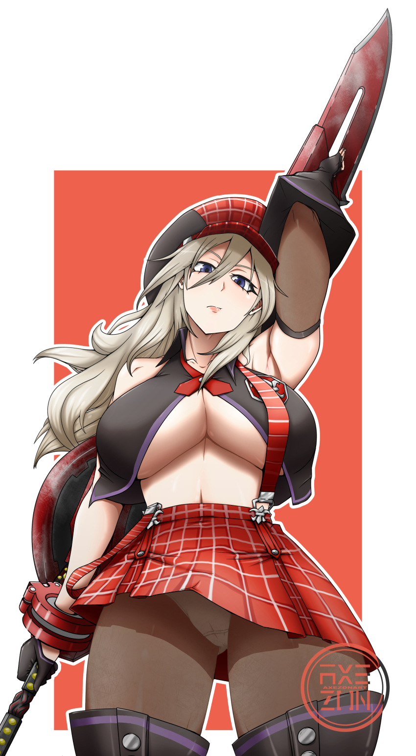 1girl absurdres alisa_ilinichina_amiella arm_up arm_warmers armpits artist_logo axezon bare_shoulders black_boots black_gloves black_vest blue_eyes boots bracer breasts newsboy_cap closed_mouth collared_vest commentary cowboy_shot elbow_gloves fingerless_gloves gloves god_eater god_eater_burst grey_hair hair_between_eyes hat head_tilt highres holding holding_sword holding_weapon huge_weapon large_breasts logo long_hair looking_at_viewer navel neck_ribbon panties panties_under_pantyhose pantyhose pantyshot partially_unbuttoned plaid_clothes plaid_skirt pleated_skirt red_background red_hat red_ribbon red_skirt ribbon sidelocks single_arm_warmer single_elbow_glove skirt solo standing stomach suspender_skirt suspenders suspenders_slip sword thigh_boots underboob underwear vest weapon white_panties
