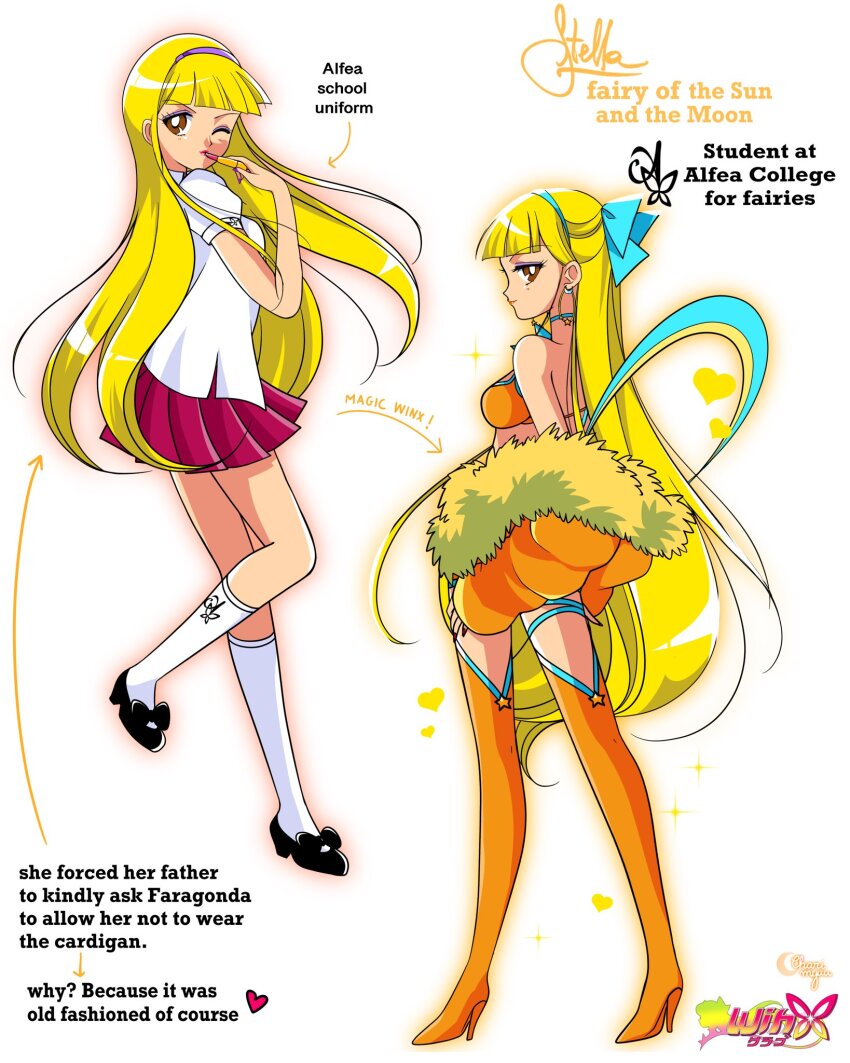 1990s_(style) 1girl adapted_costume animal_print animification applying_makeup applying_own_makeup arrow_(symbol) artist_name bad_id bad_twitter_id bishoujo_senshi_sailor_moon black_bow black_shoes blonde_hair blue_bow blue_hairband blue_wings blunt_bangs boots bow brown_eyes butterfly_print character_name collared_shirt commentary copyright_name cosmetics crescent crescent_earrings crop_top earrings english_commentary english_text eyelashes fairy fairy_wings faux_retro_artstyle footwear_bow fur-trimmed_jacket fur_trim hair_bow hairband heart high_heel_boots high_heels highres holding holding_lipstick_tube honeymoonpetal jacket jacket_partially_removed jewelry kneehighs leg_up lipstick_tube logo long_hair magical_girl mary_janes miniskirt one_eye_closed orange_boots orange_jacket orange_outline orange_shirt outline parody pink_outline pink_skirt pleated_skirt puffy_short_sleeves puffy_sleeves purple_hairband retro_artstyle school_uniform shirt shoes short_sleeves simple_background skirt socks sparkle stella_(winx_club) stiletto_heels style_parody thigh_boots thigh_strap variations very_long_hair white_background white_shirt white_socks wings winx_club
