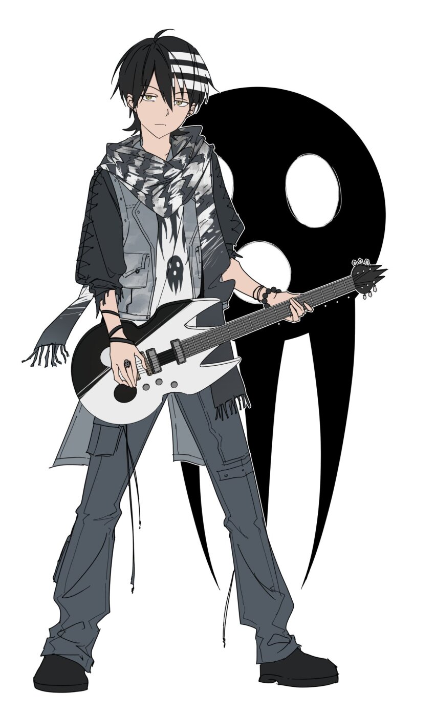 1boy alternate_costume bead_bracelet beads black_hair black_shoes bracelet cgvske1003 closed_mouth commentary death_the_kid full_body guitar highres holding holding_instrument instrument jewelry korean_commentary looking_at_viewer male_focus multicolored_hair open_clothes pants ring scarf shirt shoes simple_background solo soul_eater standing white_hair yellow_eyes
