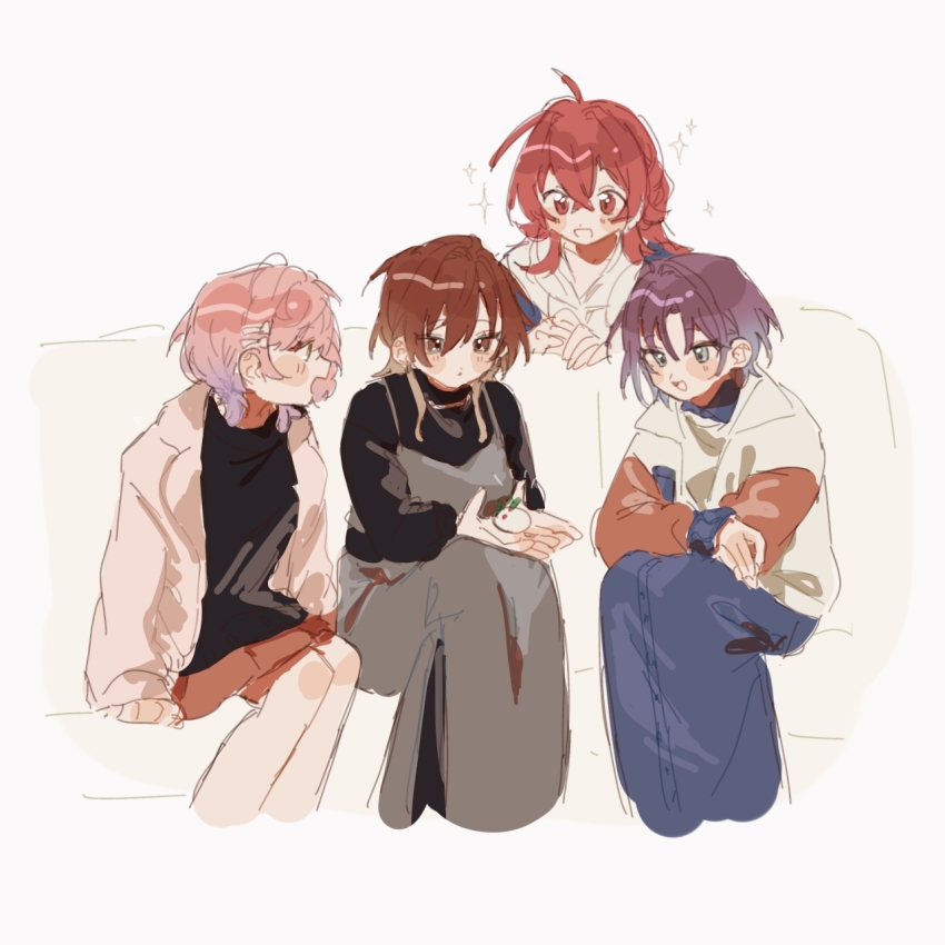 4girls aketa_mikoto asakura_toru blue_skirt blush couch cropped_legs dark_skin dress grey_dress highres idolmaster idolmaster_shiny_colors komiya_kaho looking_at_object multiple_girls okome_(evur2724) on_couch serizawa_asahi simple_background sitting skirt smile snow_rabbit sparkle