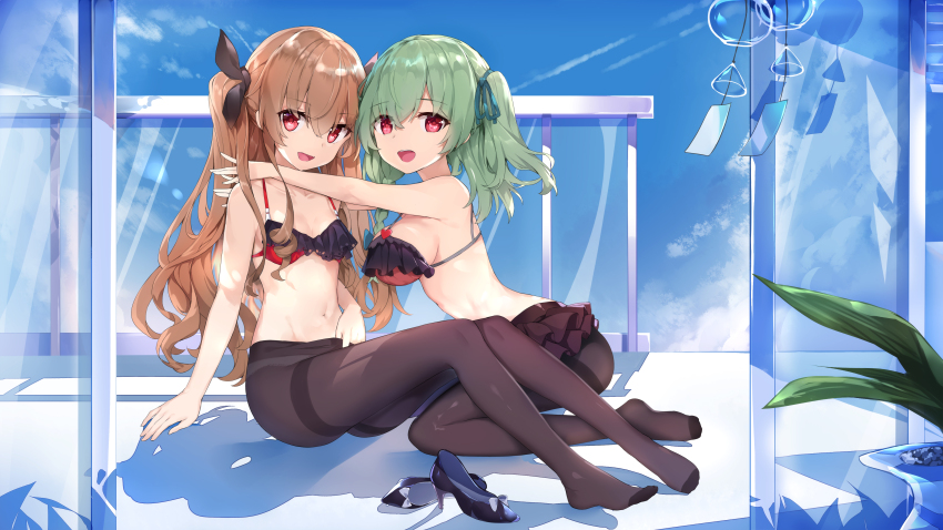 2girls :d absurdres artist_request bare_arms bare_shoulders black_bra black_pantyhose black_ribbon blue_sky bow bra breasts brown_hair character_request cloud commission day frilled_bra frills green_hair groin hair_between_eyes hair_ribbon high_heels highres huanxiang_koudai_meow hug indie_virtual_youtuber indoors kneeling large_breasts long_hair looking_at_viewer multiple_girls navel no_shoes one_side_up open_mouth panties panties_under_pantyhose pantyhose plant potted_plant red_bra red_eyes ribbon second-party_source shoes sitting sky small_breasts smile stomach thighband_pantyhose two_side_up underwear underwear_only unworn_shoes very_long_hair wind_chime window