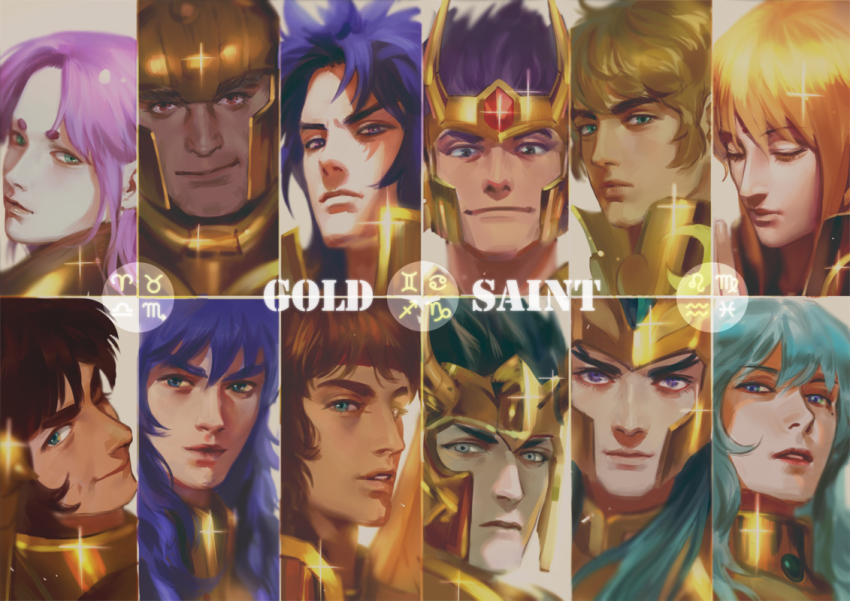 6+boys ;) aquarius_(symbol) aquarius_(zodiac) aquarius_camus aries_(symbol) aries_(zodiac) aries_muu armor blonde_hair blue_eyes blue_hair brown_hair cancer_(symbol) cancer_(zodiac) cancer_deathmask capricorn_(symbol) capricorn_(zodiac) capricorn_shura closed_eyes emg_(christain) gemini_(symbol) gemini_(zodiac) gemini_saga gold_armor gold_saint green_eyes green_hair helmet hikimayu leo_(symbol) leo_(zodiac) leo_aiolia libra_(symbol) libra_(zodiac) libra_douko long_hair looking_at_viewer male_focus mole mole_under_eye mole_under_mouth multiple_boys one_eye_closed pisces_(symbol) pisces_(zodiac) pisces_aphrodite purple_hair realistic sagittarius_(symbol) sagittarius_(zodiac) sagittarius_aioros saint_seiya scorpio_(symbol) scorpio_(zodiac) scorpio_milo smile sparkle split_screen taurus_(symbol) taurus_(zodiac) taurus_aldebaran upper_body virgo_(symbol) virgo_(zodiac) virgo_shaka zodiac