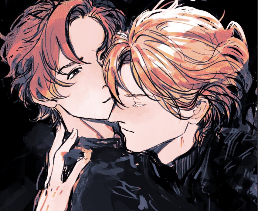 2boys black_background black_shirt blonde_hair breeze_paro brown_eyes closed_mouth commentary curtained_hair dimitri_alexandre_blaiddyd dimitri_alexandre_blaiddyd_(timeskip) english_commentary eyelashes fingernails fire_emblem fire_emblem:_three_houses hand_on_another&#039;s_back looking_at_another male_focus multiple_boys nintendo parted_lips profile red_hair shirt smile sylvain_jose_gautier sylvain_jose_gautier_(timeskip) upper_body yaoi
