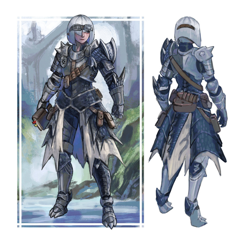 1girl 202vincent absurdres armor bob_cut book digitigrade full_body goggles goggles_on_head hair_over_one_eye highres holding holding_book monster_hunter_(series) multiple_views original pointy_ears silver_rathalos_(armor) simple_background turnaround white_hair