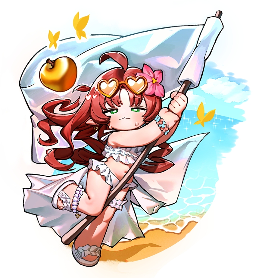 1girl :3 arknights bikini breasts bright_pupils closed_mouth earrings flag green_eyes highres holding holding_flag jewelry myrtle_(arknights) myrtle_(summer_flowers)_(arknights) navel official_alternate_costume pointy_ears red_hair small_breasts soda_(sod4) solo swimsuit white_bikini white_pupils