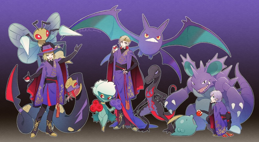 3boys beedrill blonde_hair blue_eyes commentary_request crobat crossover epel_felmier feeding food fruit funuyu game_freak gen_1_pokemon gen_2_pokemon gen_3_pokemon gen_4_pokemon gen_7_pokemon gradient_background green_eyes gulpin highres holding holding_food holding_fruit holding_poke_ball looking_at_viewer male_focus multiple_boys nidoking nintendo poke_ball pokemon pokemon_(creature) purple_background purple_eyes purple_hair purple_robe robe rook_hunt roserade salazzle seviper short_hair simple_background twisted_wonderland vil_schoenheit