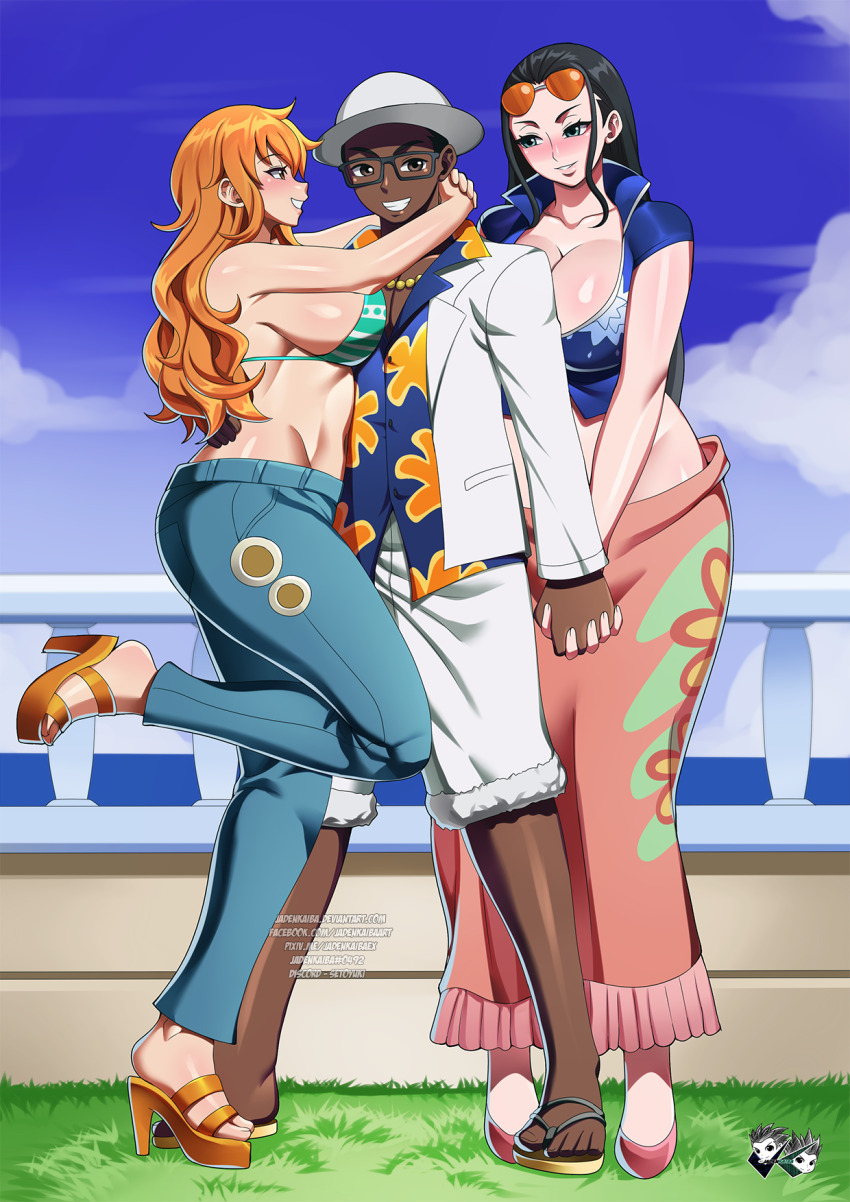 1boy 2girls breasts dark-skinned_male dark_skin jadenkaiba large_breasts long_hair multiple_girls nami_(one_piece) nico_robin one_piece