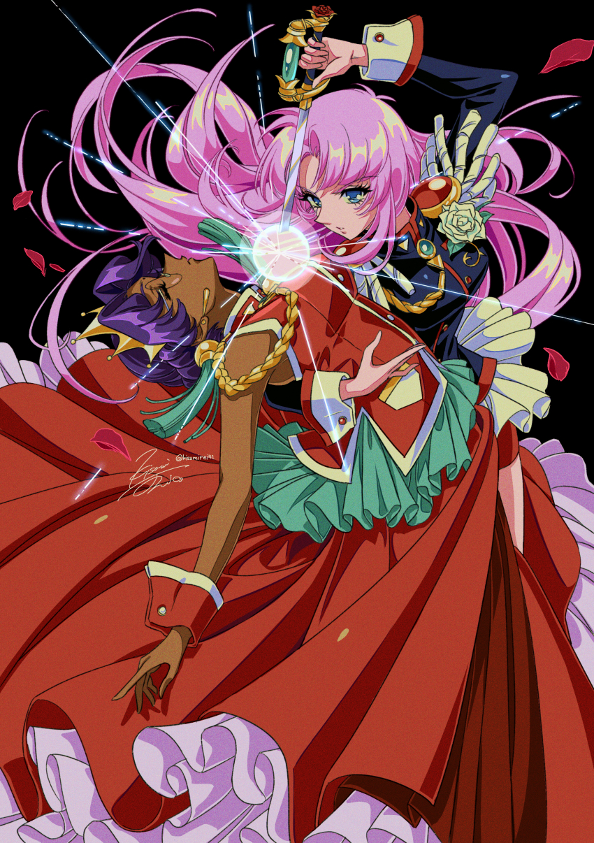 1990s_(style) 2girls absurdres aiguillette black_background black_jacket blue_eyes dark-skinned_female dark_skin drawing_sword dress earrings epaulettes eyelashes film_grain flower glowing highres himemiya_anthy holding holding_sword holding_weapon human_scabbard jacket jewelry kisumi_rei long_dress long_hair long_sleeves multiple_girls ootori_gakuen_school_uniform parted_lips pink_hair purple_hair rapier red_dress retro_artstyle rose round_eyewear school_uniform sekai_wo_kakumei_suru_chikara_wo short_hair shoujo_kakumei_utena signature simple_background single_earring sleeveless sleeveless_dress sword sword_of_dios tenjou_utena tiara twitter_username weapon white_flower white_rose wrist_cuffs
