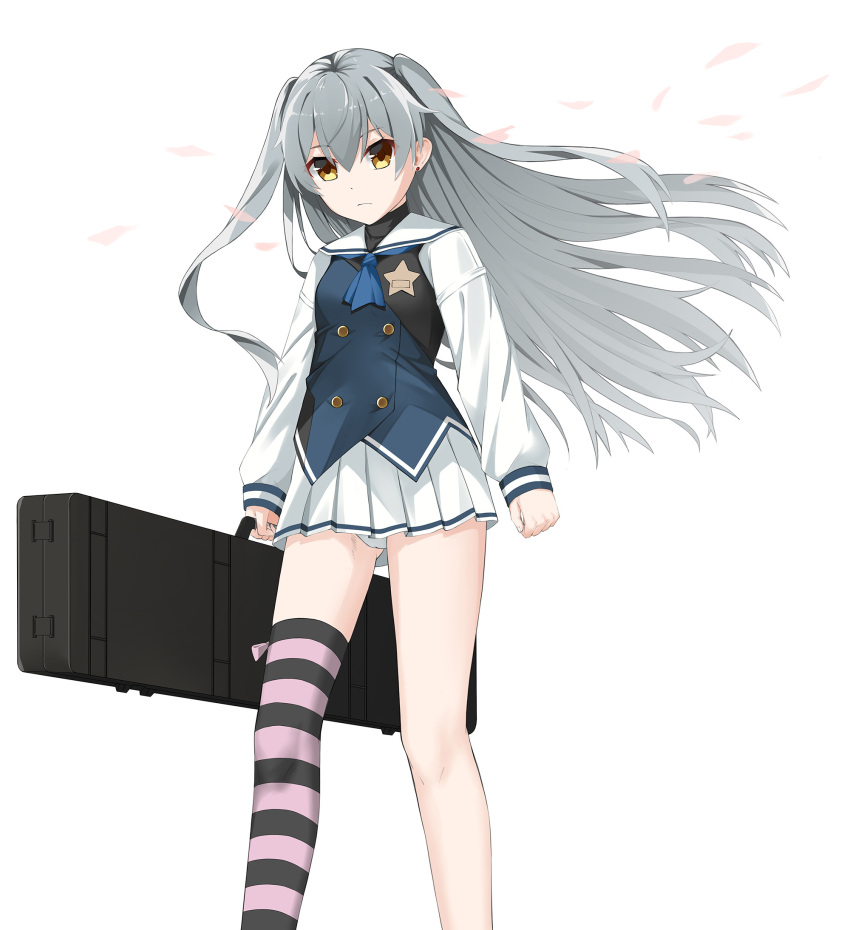 1girl bag black_bag blue_neckerchief breasts cameltoe chinese_commentary clenched_hand closed_mouth commentary_request earrings eyes_visible_through_hair feet_out_of_frame floating_hair from_below frown gluteal_fold grey_hair grisaia_(series) grisaia_phantom_trigger hair_between_eyes highres holding holding_bag jewelry long_hair long_sleeves looking_at_viewer miniskirt neckerchief panties panty_peek pleated_skirt qumai79 school_uniform serafuku serious shirt shishigaya_touka simple_background single_thighhigh skirt sleeves_past_wrists small_breasts solo standing striped_clothes striped_thighhighs stud_earrings thighhighs two-tone_vest two_side_up underwear very_long_hair white_background white_panties white_shirt white_skirt wind wind_lift yellow_eyes zettai_ryouiki