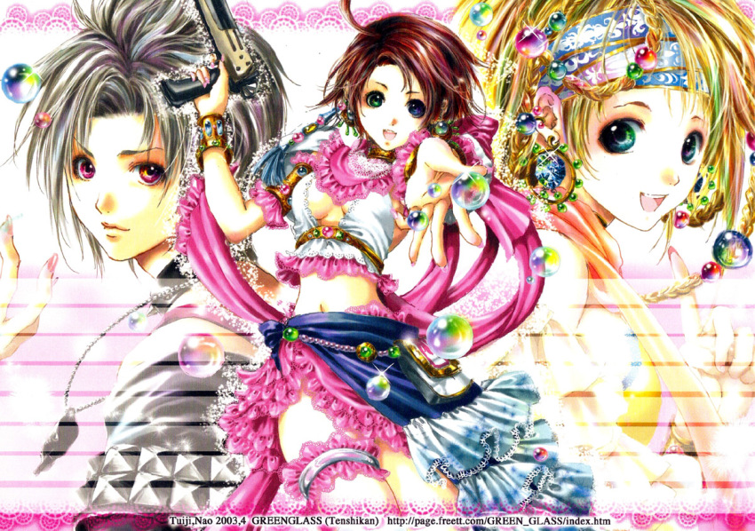 00s blonde_hair breasts brown_hair cleavage final_fantasy final_fantasy_x final_fantasy_x-2 frills gem green_eyes gun headband jewelry nao_tsukiji paine ribbon rikku_(ff10) weapon yuna