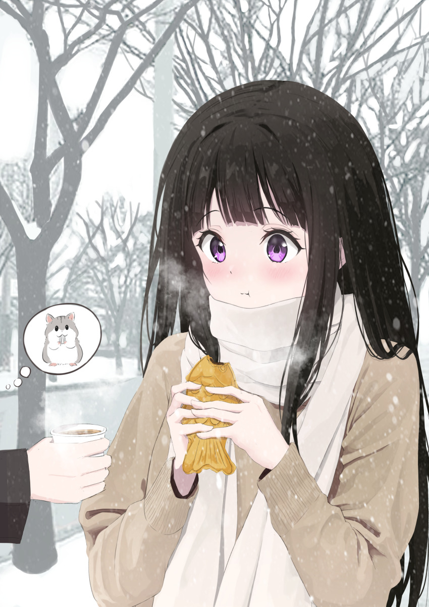 1girl 1other absurdres awesome_crane bare_tree blunt_bangs brown_hair brown_sweater chewing chitanda_eru closed_mouth coffee cup disposable_cup eating food grey_scarf hamster highres holding holding_cup holding_food hyouka image_in_thought_bubble long_hair long_sleeves outdoors purple_eyes scarf snow snowing solo_focus speech_bubble sweater taiyaki thought_bubble tree upper_body wagashi winter