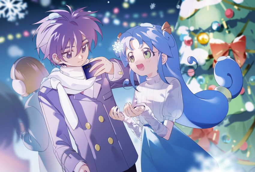 1boy 1girl aged_up black_pants blue_hair blue_skirt bow breast_pocket buttons catching cellphone christmas christmas_lights christmas_ornaments christmas_tree closed_mouth coat collared_coat contemporary couple cowboy_shot curly_hair dot_nose double-breasted eyelashes fushigiboshi_no_futago_hime green_eyes hair_between_eyes happy hetero high-waist_skirt highres holding holding_phone lapels layered_sleeves light_blush long_hair long_sleeves looking_at_another looking_at_object low-tied_long_hair medium_skirt messy_hair night notched_lapels open_mouth outdoors pants parted_bangs people phone pocket puffy_short_sleeves puffy_sleeves purple_coat purple_eyes purple_hair ravenya0w0 red_bow rein_(futagohime) scarf shade_(futagohime) short_hair short_sleeves skirt smartphone smile snow snow_on_head snowflakes snowing sweater taking_picture tareme teeth thick_eyebrows tsurime turtleneck turtleneck_sweater upper_teeth_only very_long_hair white_arm_warmers white_scarf white_sweater winter winter_clothes winter_coat