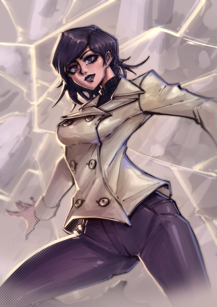 1girl absurdres buttons coat cowboy_shot hatidraw highres jacket lightning lightning_background looking_at_viewer open_mouth outstretched_arms outstretched_legs pants purple_eyes purple_hair purple_lips purple_nails purple_pants shin_megami_tensei shin_megami_tensei_iii:_nocturne short_hair smile solo takao_yuko teeth turtleneck white_coat white_jacket