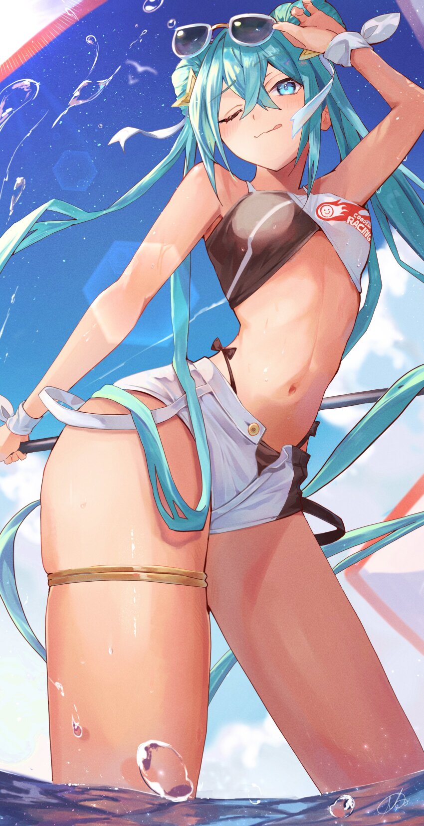 absurdres adapted_costume adjusting_eyewear aqua_eyes aqua_hair arched_back bare_arms bikini bikini_under_shorts bird blue_sky breasts cloud contrapposto double_bun eyewear_on_head fisheye flag hair_bun hatsune_miku highleg highleg_bikini highres holding holding_flag inubangarou leglet lens_flare long_hair looking_at_viewer medium_breasts midriff multicolored_bikini narrow_waist navel ocean one_eye_closed racing_miku racing_miku_(2023) scrunchie sea_spray seagull short_shorts shorts sky smile sparkle sunglasses swimsuit tan thick_thighs thighs toned toned_female tongue tongue_out twintails two-tone_bikini very_long_hair vocaloid wading water_drop wavy_mouth white_shorts wrist_scrunchie