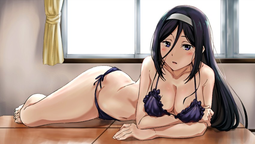1girl barefoot bikini black_bikini black_hair breasts cleavage curtains frilled_bikini frills hair_between_eyes hairband highres hyouka irisu_fuyumi large_breasts long_hair looking_at_viewer lying miyagi_yuki on_side on_table purple_eyes side-tie_bikini_bottom solo swimsuit table white_hairband window