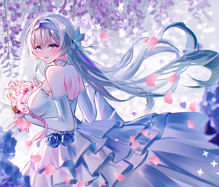 1girl absurdres bare_shoulders blue_flower blue_hairband blush bouquet breasts bride commentary commentary_request detached_sleeves dress elbow_gloves english_commentary falling_petals firefly_(honkai:_star_rail) flower from_side gloves hair_between_eyes hairband hanging_flower highres holding holding_bouquet honkai:_star_rail honkai_(series) kohaku_komeiji large_breasts long_hair looking_at_viewer looking_to_the_side mixed-language_commentary parted_lips partial_commentary petals pink_eyes pink_flower purple_flower skirt_hold sleeveless sleeveless_dress solo veil very_long_hair wedding_dress white_dress white_gloves white_hair white_veil