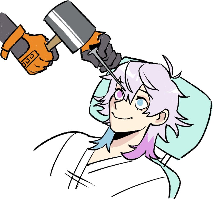 2boys axel_syrios bishounen black_gloves blue_eyes blue_hair eyelashes gavis_bettel gavis_bettel_(1st_costume) gigglepox gloves grey_hair hair_between_eyes hammer heterochromia highres holding holding_hammer holostars holostars_english male_focus medium_hair multicolored_hair multiple_boys nail_(hardware) out_of_frame pink_eyes pink_hair shirt simple_background sitting smile solo_focus upper_body virtual_youtuber white_background white_shirt