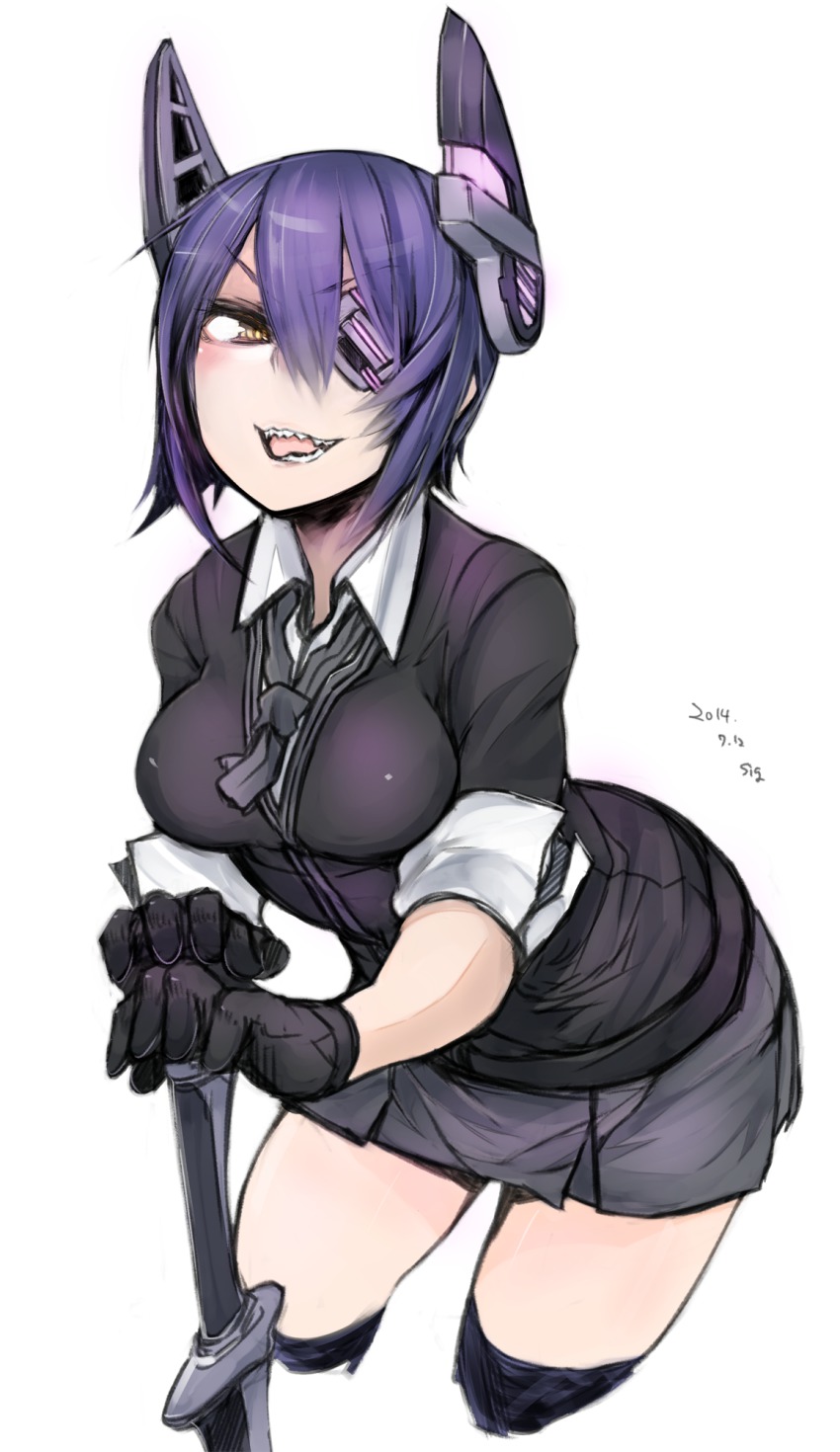 10s 1girl eyepatch female_focus gloves headgear highres kantai_collection looking_at_viewer necktie purple_hair sharp_teeth short_hair sigama simple_background skirt solo sword teeth tenryuu_(kancolle) weapon white_background yellow_eyes