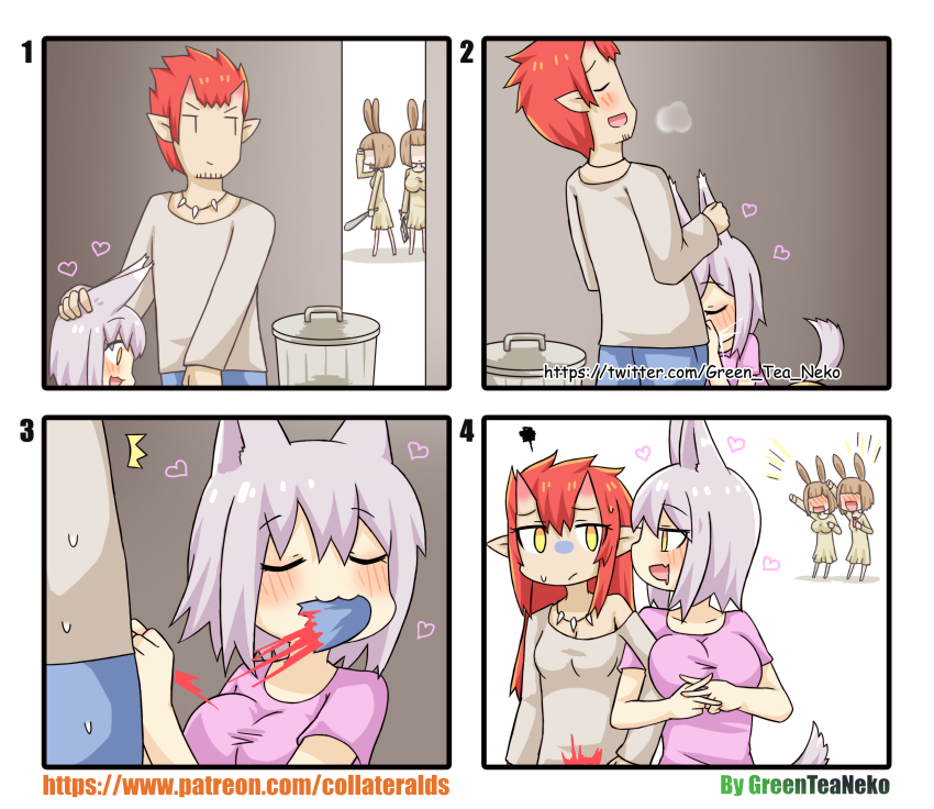 1boy 4girls 4koma :3 :d ^^^ absurdres animal_ears arm_up artist_name bad_id bad_pixiv_id blood blue_pants blunt_bangs blush breasts brown_dress brown_hair brown_shirt bulge castration cellphone cleaver closed_eyes closed_mouth club_(weapon) comic commentary_request dog_ears dog_girl dog_tail dress drooling erection erection_under_clothes eye_contact facial_hair fellatio genderswap genderswap_(mtf) greenteaneko guro heart heavy_breathing hetero highres holding holding_club holding_phone holding_weapon horns large_breasts long_hair long_sleeves looking_at_another multiple_girls nose_blush open_mouth oral original pants penis phone pink_shirt profile purple_hair rabbit_ears red_hair saliva severed_penis shirt short_hair silent_comic small_breasts smile square_4koma stubble sweat t_t tail transformation trash_can turn_pale watermark web_address yellow_eyes yuri