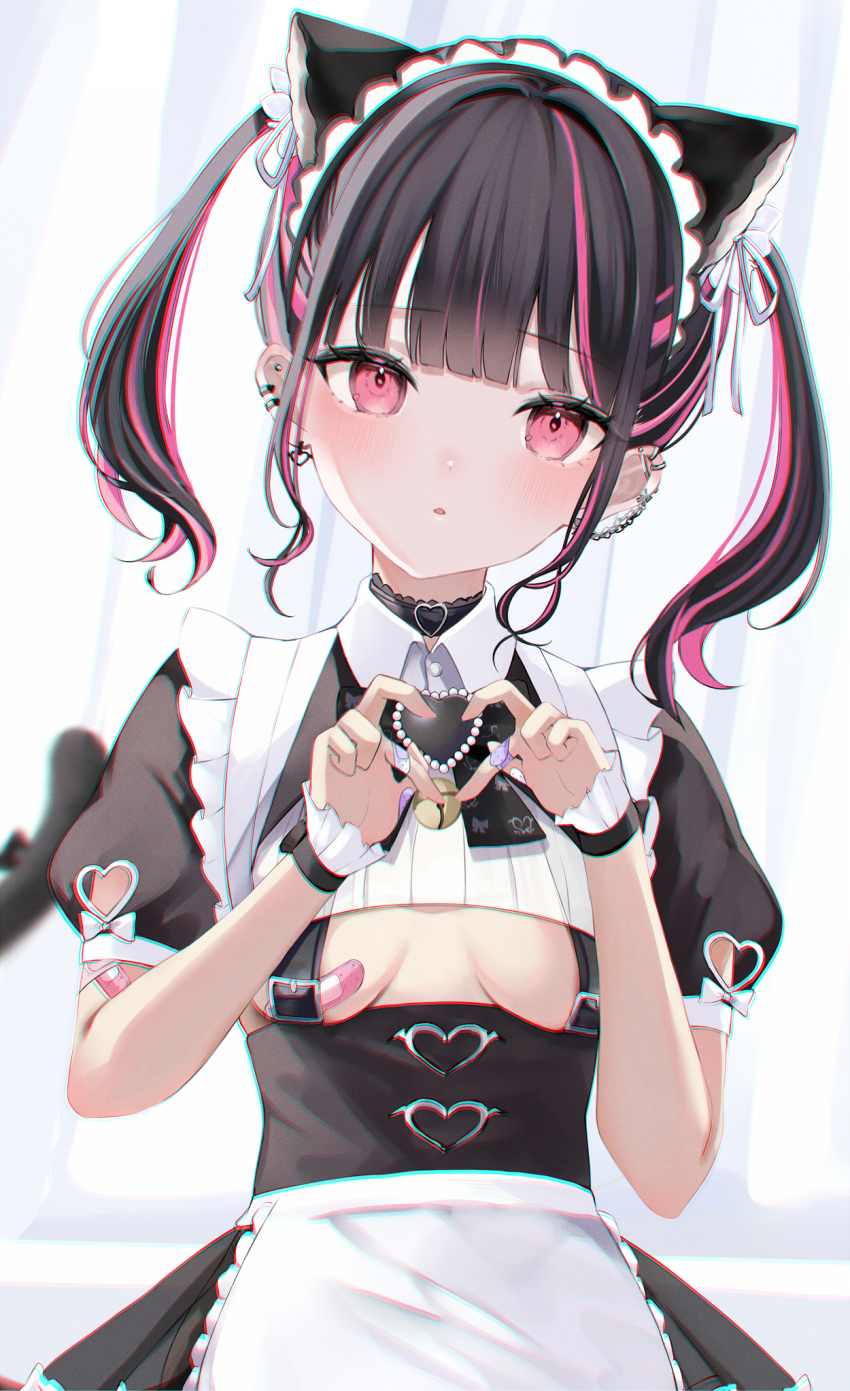 1girl four-finger_heart_hands apron bandaid bandaid_on_breast black_choker black_hair black_shirt black_skirt black_wrist_cuffs blunt_bangs blush bow breasts choker commentary cowboy_shot eyelashes frilled_apron frilled_wrist_cuffs frills hair_ribbon hands_up heart heart_choker heart_hands highres indie_virtual_youtuber looking_at_viewer maid maid_apron maid_headdress medium_breasts medium_hair multicolored_hair open_mouth pink_eyes pink_hair puffy_short_sleeves puffy_sleeves ribbon rikotan rikotan_(vtuber) shirt short_sleeves simple_background skirt sleeve_bow solo streaked_hair tsurime twintails underboob virtual_youtuber white_apron white_background white_bow white_ribbon wrist_cuffs