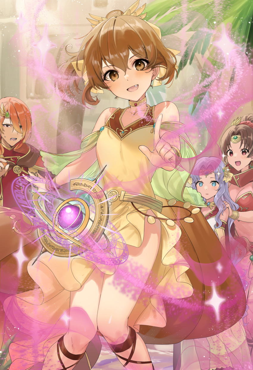 1boy 3girls blue_eyes breasts brown_eyes brown_hair choker commission delthea_(fire_emblem) dress fang fire_emblem fire_emblem:_mystery_of_the_emblem fire_emblem:_thracia_776 fire_emblem_echoes:_shadows_of_valentia fire_emblem_heroes hair_ribbon haru_(nakajou-28) highres linde_(fire_emblem) linde_(khadein)_(fire_emblem) looking_at_viewer luthier_(fire_emblem) magic_circle medium_breasts multiple_girls nintendo orange_hair pixiv_commission purple_hair ribbon sara_(fire_emblem) sara_(khadein)_(fire_emblem) sleeveless sleeveless_dress small_breasts sweatdrop yellow_dress