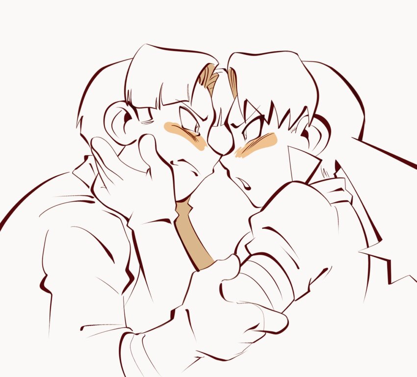 1boy 1girl blush_stickers butch_(pokemon) cassidy_(pokemon) closed_mouth commentary earrings elbow_gloves eye_contact from_side gloves hands_up hetero highres jacket jewelry looking_at_another lynn_(daisiloou) nintendo pokemon pokemon_(anime) pokemon_(classic_anime) spot_color teeth upper_body white_background
