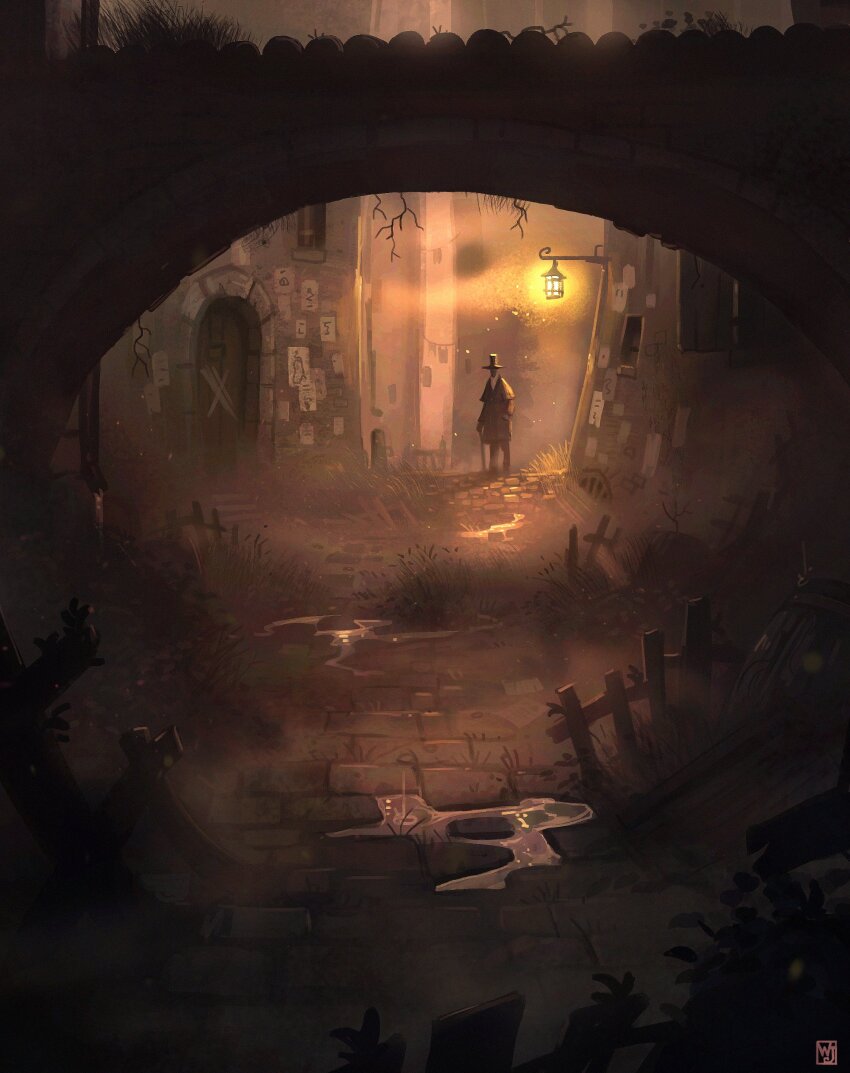 1boy absurdres arch artist_logo barrel building cane city coat commentary door english_commentary european_architecture fence foliage grass hat highres holding holding_cane lantern logo night original outdoors pants plant_roots road scenery solo standing top_hat wall_lamp waltjan water wide_shot window