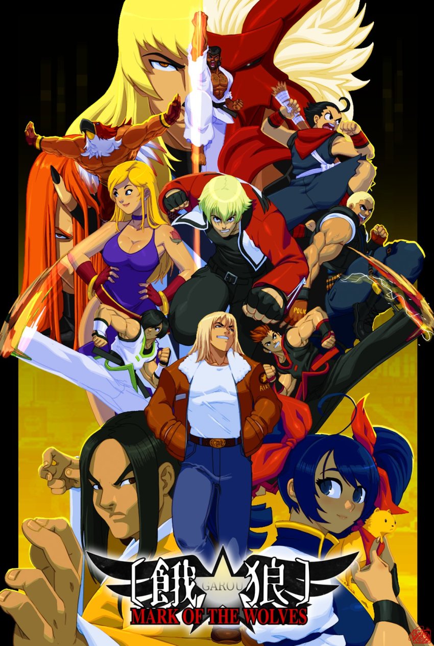 2girls blonde_hair breasts dress fatal_fury futaba_hotaru garou_mark_of_the_wolves tizoc_(snk) highres b._jenet large_breasts long_hair garou:_mark_of_the_wolves multiple_girls purple_dress rock_howard snk terry_bogard tizoc