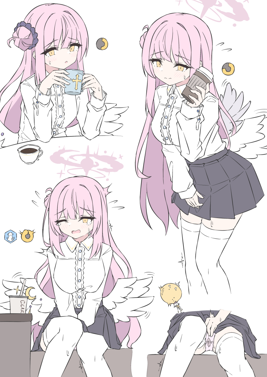 absurdres black_skirt blue_archive blush breasts cup disposable_coffee_cup disposable_cup grey_skirt hair_between_eyes halo hands_between_legs have_to_pee highres long_hair looking_at_viewer mika_(blue_archive) mizusaki_(kn27) panties peeing peeing_self pink_hair pink_halo pink_panties shirt skirt teacup thighhighs thighs underwear urine_meter wet wet_clothes wet_panties white_shirt white_thighhighs wings yellow_eyes