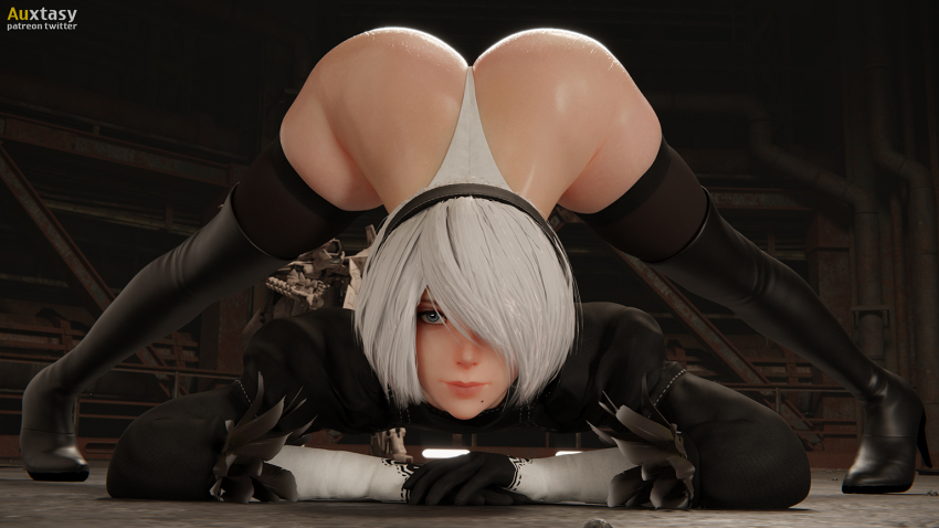1girl 3d artist_name ass auxtasy bent_over blue_eyes boots flexible hair_over_one_eye hairband high_heel_boots high_heels huge_ass jack-o&#039;_challenge juliet_sleeves leotard long_sleeves looking_at_viewer meme mole mole_under_mouth nier_(series) nier:automata parody puffy_sleeves short_hair smile thick_thighs thigh_boots thighhighs thighs top-down_bottom-up white_hair 2b_(nier:automata)