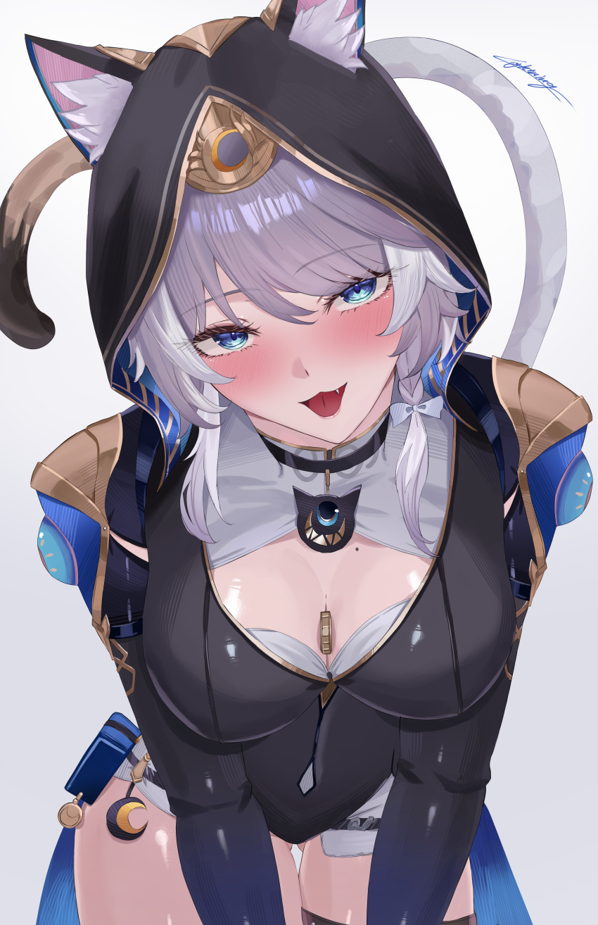 1girl :p absurdres animal_ear_fluff animal_ears blue_eyes breasts cat_ears cat_girl cat_tail cipher_(honkai:_star_rail) cleavage commentary_request gradient_background grey_background highres honkai:_star_rail honkai_(series) hood looking_at_viewer medium_breasts medium_hair miya-chan_(lightning0730) mole mole_on_breast solo tail tongue tongue_out