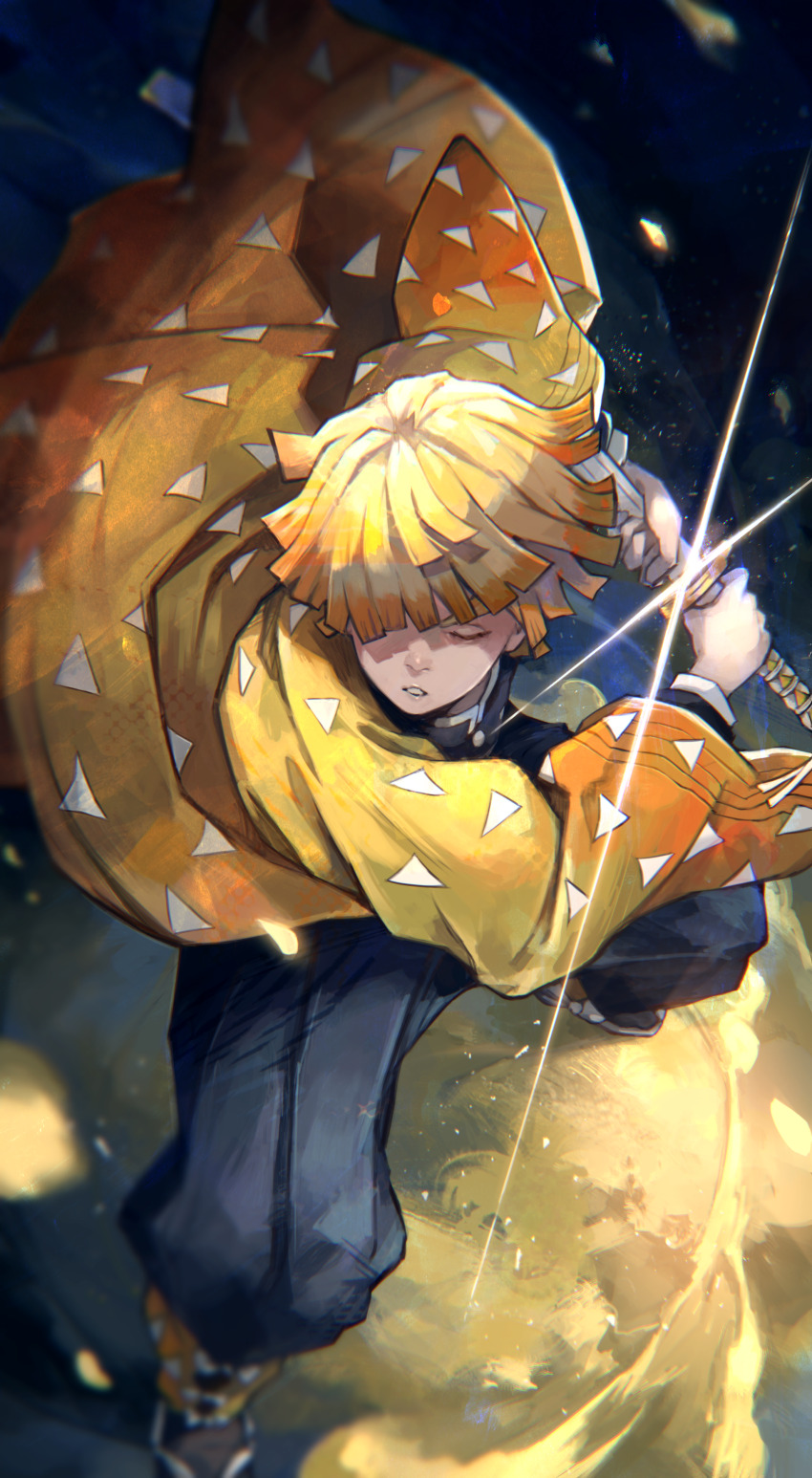 1boy absurdres agatsuma_zenitsu black_background black_pants blonde_hair closed_eyes demon_slayer_uniform from_above glint hair_over_one_eye haori highres holding holding_sword holding_weapon japanese_clothes katana kimetsu_no_yaiba kyuuba_melo leg_warmers male_focus multicolored_hair orange_hair pants parted_lips sheath sheathed solo sword two-tone_hair weapon yellow_haori yellow_leg_warmers