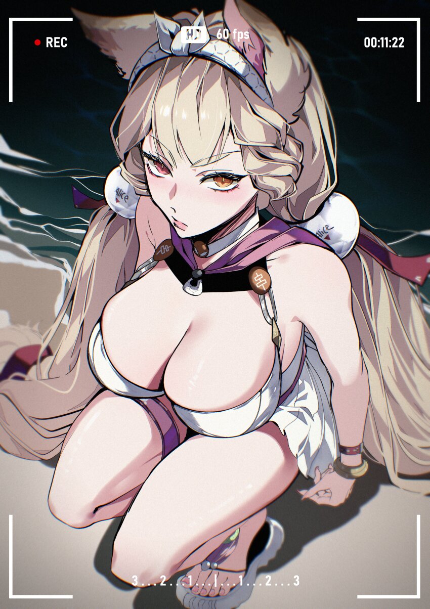 1girl absurdres aer007580 alice_thymefield alice_thymefield_(sea_of_thyme) animal_ears bare_shoulders blonde_hair bracelet breasts cleavage closed_mouth commentary dress fingernails hair_ornament hairband heterochromia highres jewelry large_breasts long_hair looking_at_viewer official_alternate_costume orange_eyes rabbit_ears rabbit_girl recording red_eyes sandals shore solo sphere_hair_ornament squatting thigh_strap toes very_long_hair white_dress white_hairband zenless_zone_zero