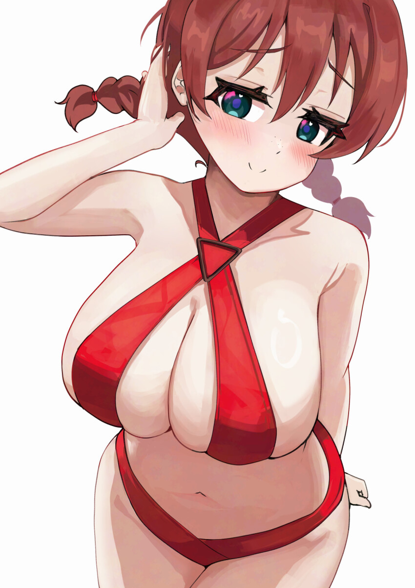 1girl aqua_eyes arm_up bare_arms bikini blush braid breasts brown_hair cleavage_cutout closed_mouth clothing_cutout collarbone curvy emma_verde freckles hair_between_eyes heart heart-shaped_pupils highres large_breasts looking_at_viewer love_live! love_live!_nijigasaki_high_school_idol_club navel pisagi red_bikini sidelocks simple_background smile solo standing swimsuit symbol-shaped_pupils twin_braids white_background