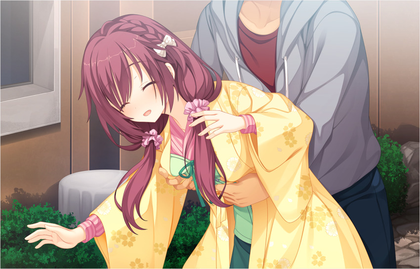 1boy 1girl :d ^_^ accidental_pervert arichi_masaomi arm_around_waist blush bow braid cherry_blossom_print closed_eyes closed_mouth cowboy_shot day floral_print floral_print_kimono game_cg grabbing_another&#039;s_breast grabbing_from_behind grey_hoodie groping hair_between_eyes hair_bow hair_ornament hair_scrunchie half-closed_eyes hand_up hetero hood hoodie japanese_clothes kimono leaning_forward long_hair long_sleeves low_twintails maniwa_roka mole mole_under_eye muririn non-web_source official_art open_mouth otogi_frontier outdoors pink_scrunchie print_kimono scrunchie senren_banka side_braid smile solo_focus twintails variant_set white_bow wide_sleeves yellow_kimono