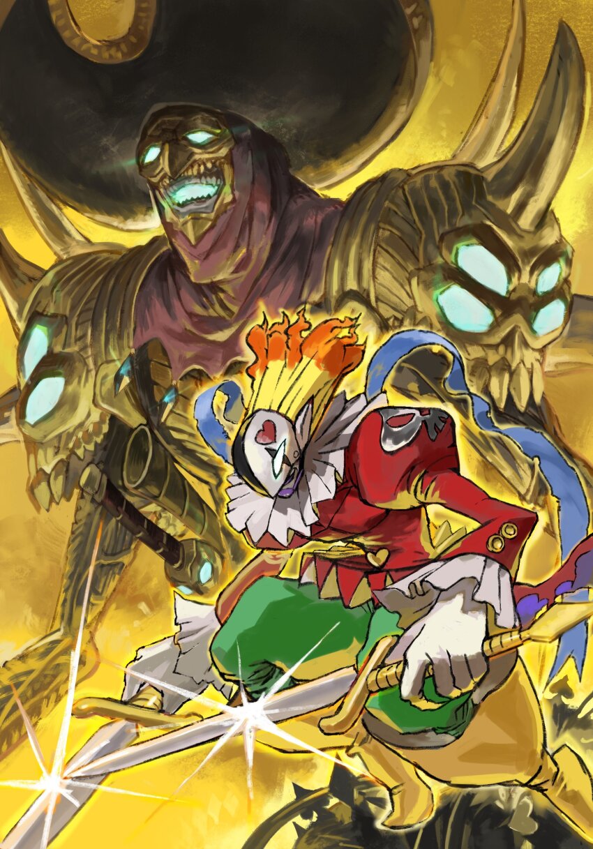 boots digimon digimon_(creature) highres mask piemon pierrot sword voltobautamon weapon yellow_boots